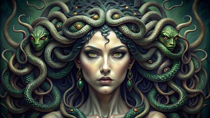 Fototapeta premium portrait of a woman with a medusa snakes mask