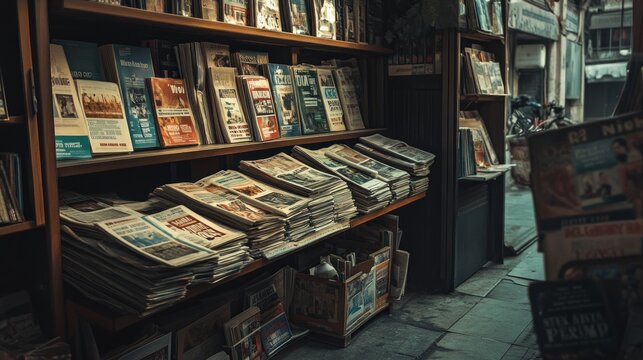 A cozy nook filled with stacked newspapers and magazines, inviting readers to explore.