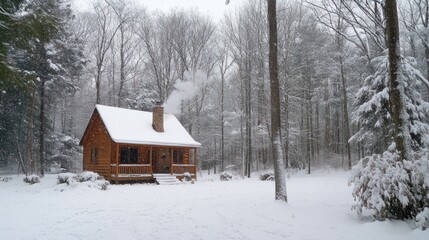 A cozy cabin surrounded by snow-covered trees, emitting smoke from the chimney.