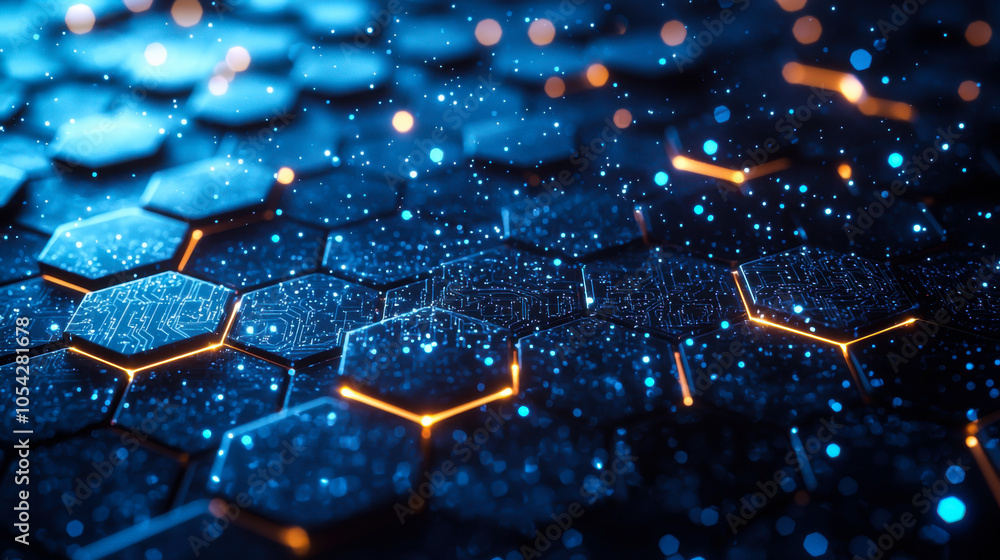 Aufkleber abstract digital technology background with glowing hexagonal patterns and bright particles in a dar