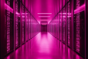 Fototapeta premium Futuristic Server Room with Vivid Pink Lights - Techno-Futurism Concept