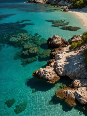 A secluded cove with crystal clear turquoise water.