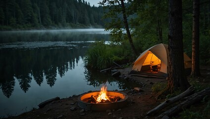 A tent set up by a lake in a forest with a campfire.