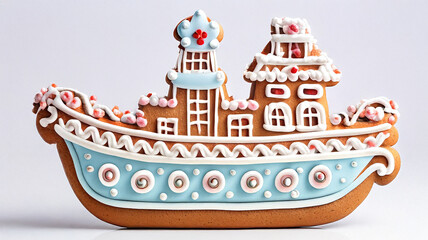 Obraz premium Festive Christmas Gingerbread Boat with Holiday Decorations