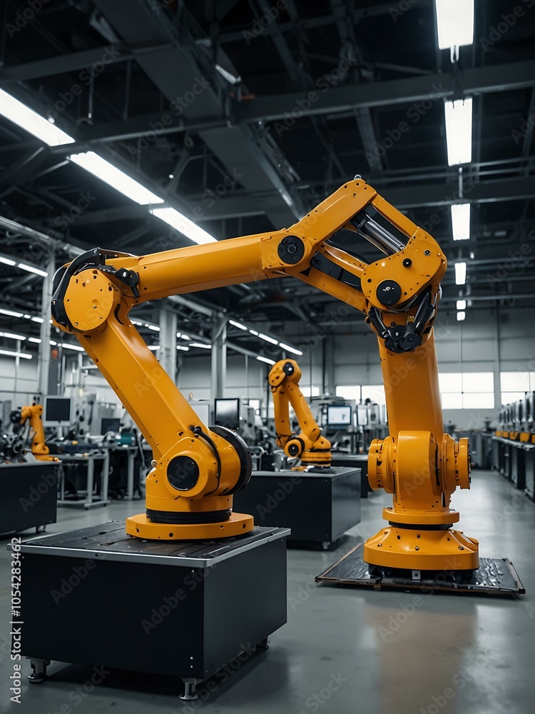 Poster advanced robotic arm working on an assembly line in a modern facility.