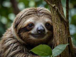 Fototapeta premium Adorable sloth peeking at the camera through foliage.