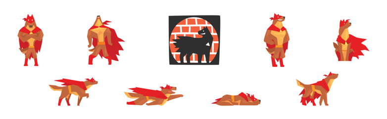 Dog Superhero Character in Red Cape and Mask Vector Set