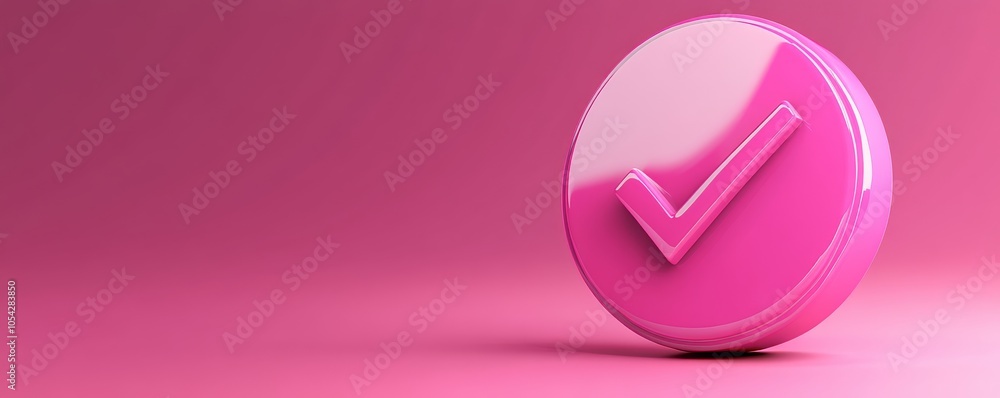 Poster pink check mark on a circular button, minimalistic style. positive affirmation and approval concept