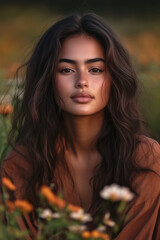 Fototapeta premium Woman with long brown hair wears light brown dress, standing in flower field. Soft sunlight enhances peaceful expression, Middle Eastern woman embodies radiant natural harmony concept.