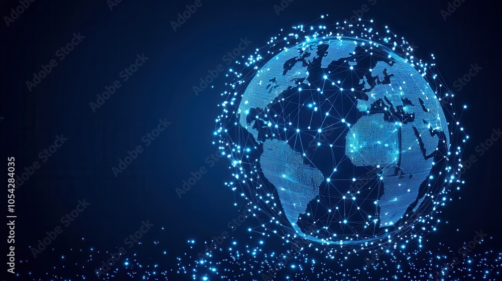 Poster futuristic representation of earth with glowing particles, symbolizing global connectivity and digit