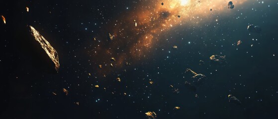 Fototapeta premium A cosmic scene depicting asteroids and a galaxy in the vastness of space.