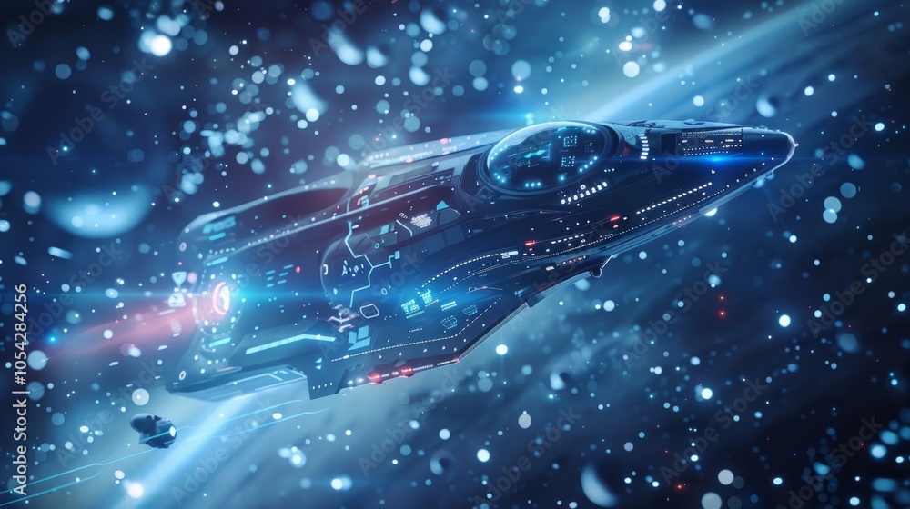 Poster advanced spaceship navigating through cosmic dust and particles, showcasing futuristic technology an
