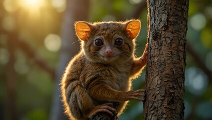 Naklejka premium An adorable tarsier climbing a tree during golden hour, perfect for nature-themed wallpapers.