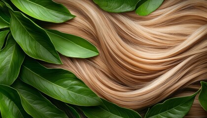 Obraz premium A close-up of smooth, shiny hair cascading through vibrant green plants, symbolizing natural hair nourishment and the benefits of plant-based ingredients.