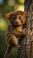 Obraz premium An adorable tarsier macaque climbing a tree during golden hour, perfect for wildlife photography.