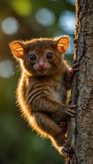Obraz premium An adorable tarsier macaque climbing a tree during golden hour, perfect for wildlife photography.