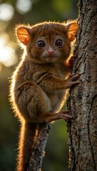 Obraz premium An adorable tarsier macaque climbing a tree during golden hour, perfect for wildlife photography.
