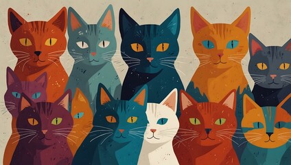An illustrated collection of abstract cats in bold colors.