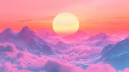 Fototapeta premium A serene landscape featuring mountains and a vibrant sunset with pink and orange hues.