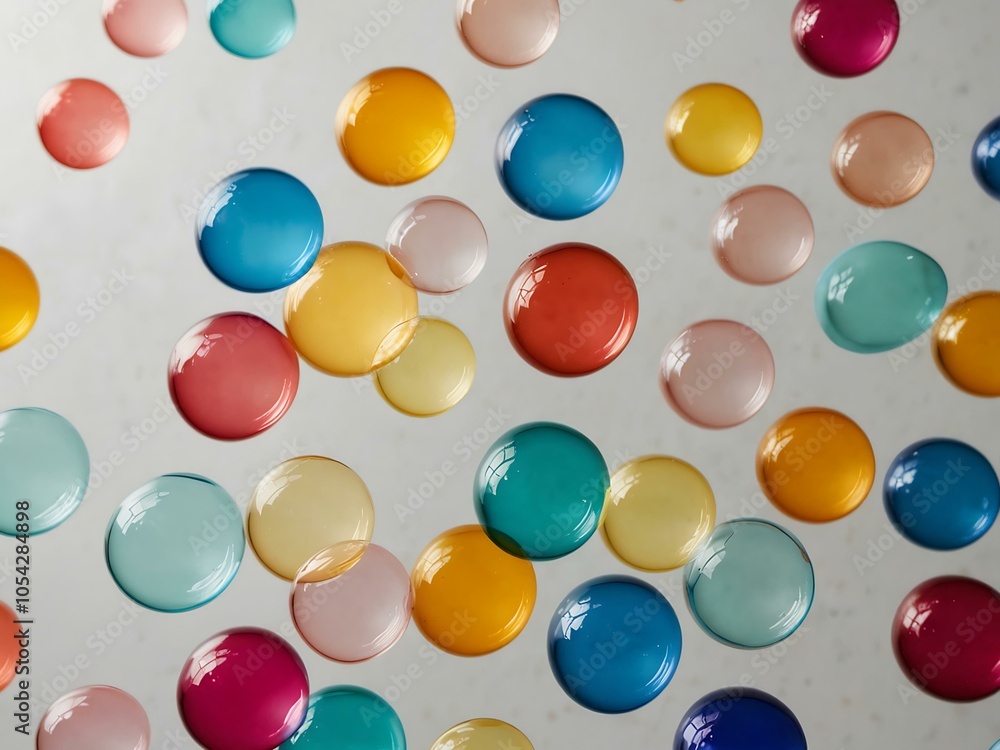 Poster assorted colorful bubbles floating on a white backdrop.