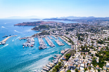 Obraz premium Bodrum District of Mugla, Turkey. Aerial view of Bodrum Marina. Drone shot.