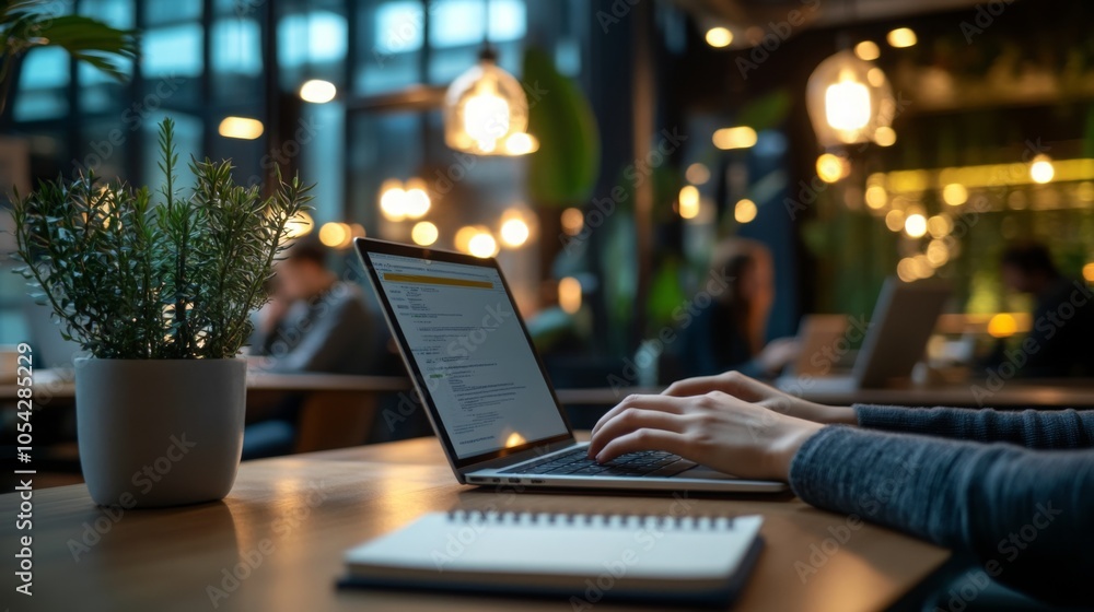 Poster in a warm and inviting cafe, an individual types on a laptop while surrounded by lush greenery and s