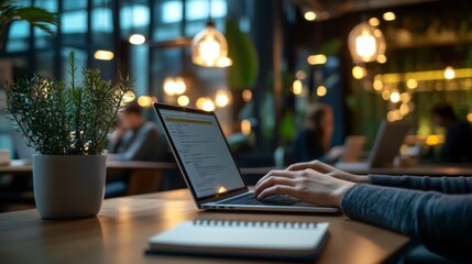 In a warm and inviting cafe, an individual types on a laptop while surrounded by lush greenery and soft lighting. Nearby tables are occupied, reflecting a lively evening atmosphere.