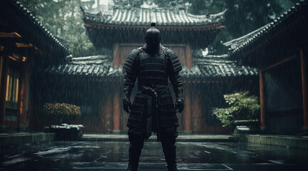 lone warrior stands in rain, clad in dark armor, in traditional Asian courtyard. atmosphere is intense and dramatic, with sense of mystery