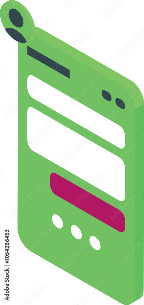 Poster isometric view of a green smartphone displaying a user profile icon and a submit button, representin