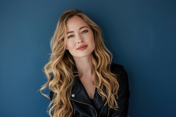 Fototapeta premium Confident Young Woman with Long Blonde Hair in Black Leather Jacket on Blue Background