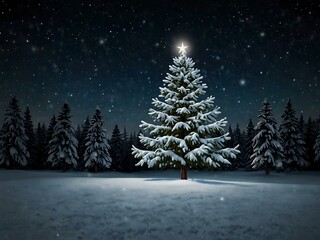 Obraz premium Christmas tree in snow at night for a festive card.