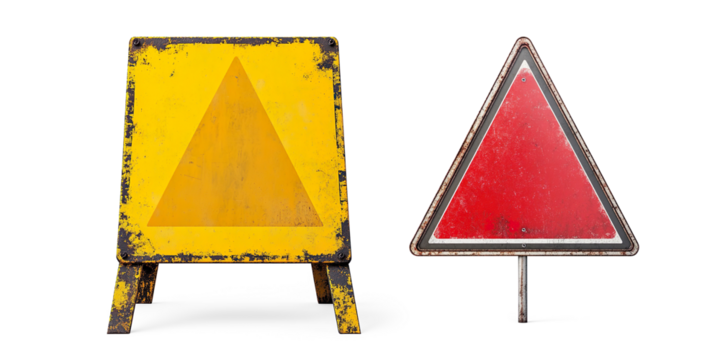 Weathered Yellow Triangular Warning Sign on a Transparent Background