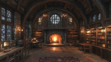 Obraz premium Cozy Stone and Wooden Library with Fireplace and Bookcases