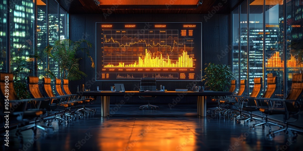 Poster empty conference room with financial data displayed on screen