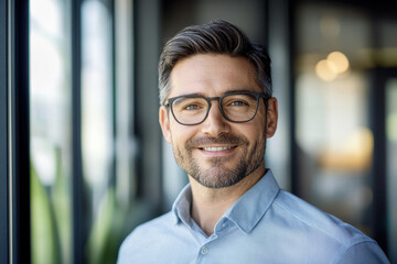 Obraz premium smiling man with glasses in modern office setting, showcasing confidence and professionalism. background features large windows and greenery, creating bright atmosphere