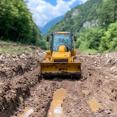 Obraz premium A yellow bulldozer working on a muddy construction site in a mountainous area.