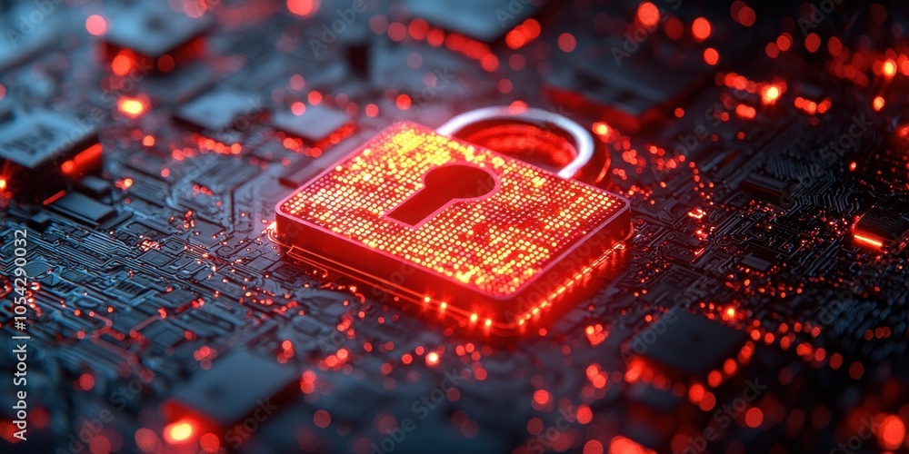 Poster red glowing padlock on a circuit board.