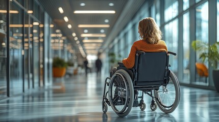 Obraz premium A wheelchair user navigating a modern office corridor in bright daylight