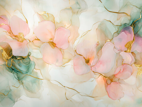 alcohol ink, abstract painting, muted pastel colors, white, gold details, fluid art, ethereal, soft tones, contemporary art, artistic texture, flowing colors, liquid art, marbled effect, modern artwor
