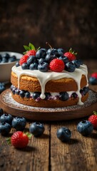 Delicious blueberry cake with creamy frosting and berries on wood.