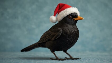 Fototapeta premium Delightful blackbird in a Santa hat against a light blue backdrop.