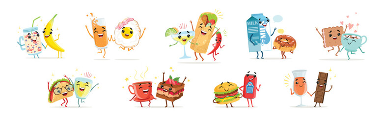 Fototapeta premium Funny Food Friends Together Enjoy and Have Fun Vector Set