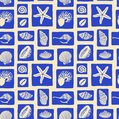 Stoffe zum Nähen Retro hand drawn seashell mosaic seamless pattern. Tropical summer background illustration. Vintage marine nature print. Patchwork style shell animal wallpaper texture.
