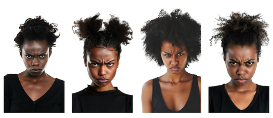  Portrait of young beautiful black woman with angry expression, isolated on transparent background, generative ai