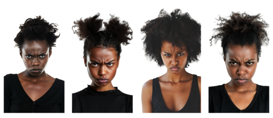  Portrait of young beautiful black woman with angry expression, isolated on transparent background, generative ai