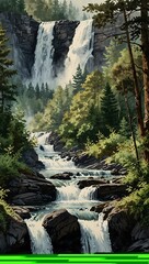 Four watercolor illustrations of waterfalls in forest scenes.