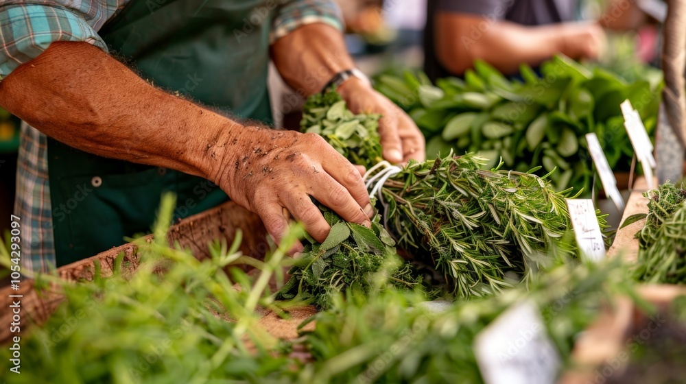 Poster a closeup of a vendors hands tying a bundle of herbs together with a string with a sign reading loca