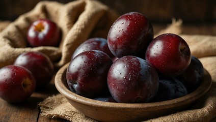 Fototapeta premium Fresh plums in a rustic ceramic bowl.