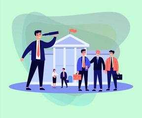 Fototapeta premium Government official or lawyer looking through spyglass. Public sector workers with briefcases in front of government building with flag vector illustration. Public sector, government, society concept