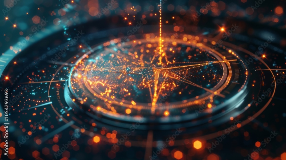 Poster futuristic navigation compass with glowing lights and digital particles guiding through an abstract 